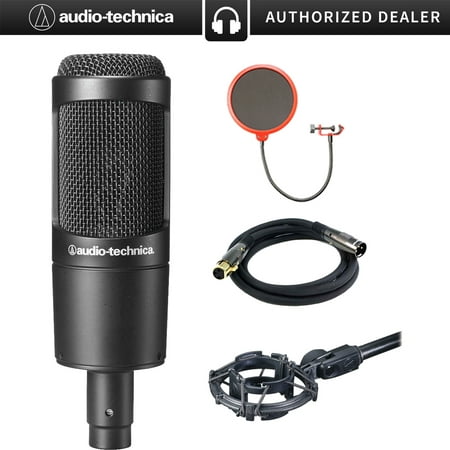 Audio-Technica (AT2035) Large Diaphragm Studio Condenser Microphone Bundle + Universal Pop Filter Wind Screen w/Stand Clip + 10â€™ Premier Series XLR Male - Female 16AWG Cable + Microphone Shock