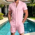 thumbnail image 2 of Rhoudy Men Pants Straight Leg Jumpsuit Short Sleeve Stand Collar Romper Piece Shorts Summer Outfit Handsomen Daily Wear S Pink, 2 of 4