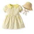 thumbnail image 1 of Sibling Matching Solid Peter Pan Collar Girl Dress Kids Puff Sleeve Button Dress Matching Boy Suspender Short Outfit Sets, 1 of 7