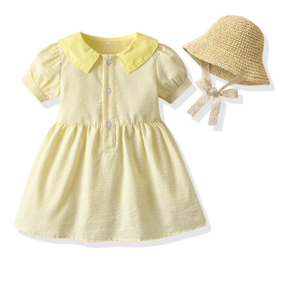 Sibling Matching Solid Peter Pan Collar Girl Dress Kids Puff Sleeve Button Dress Matching Boy Suspender Short Outfit Sets