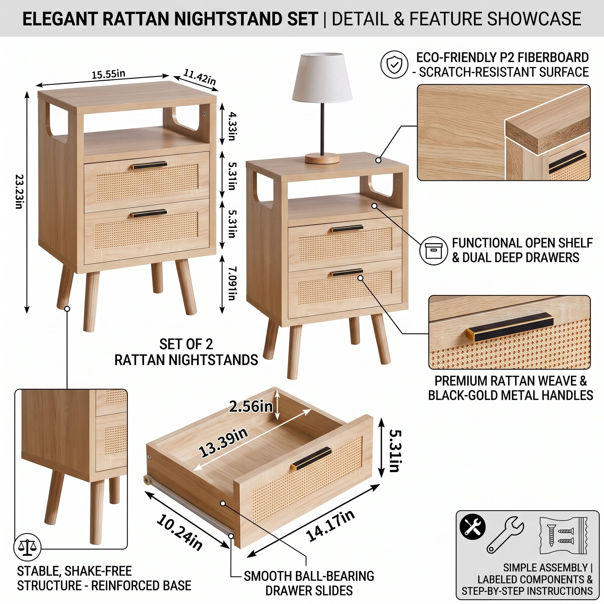 Set of 2 Modern Natural Wood Nightstands with 2 Drawers Each, Rattan Design Bedside End Tables with Black Gold Handles, P2 HDF Storage Nightstand for Bedroom Guest Room