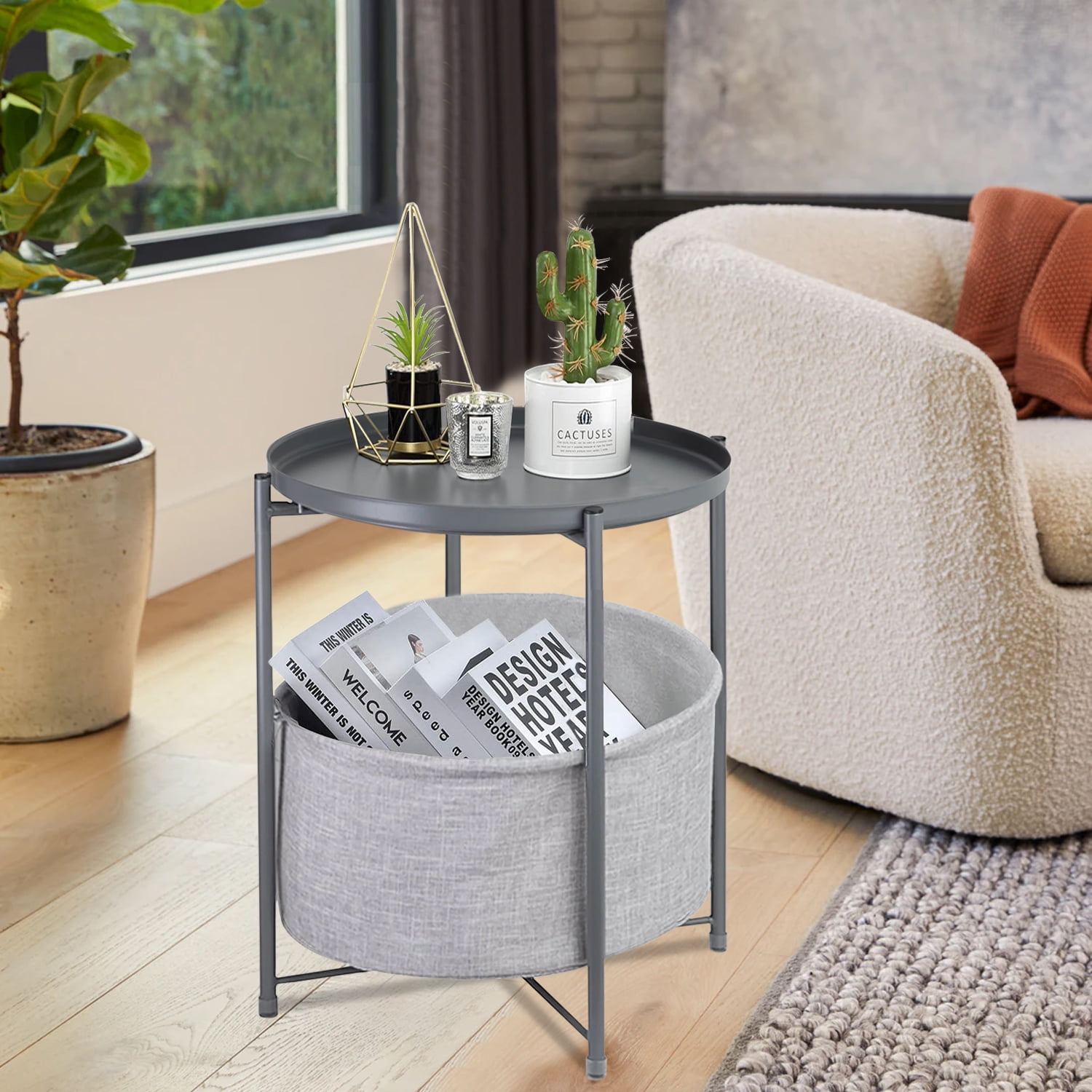 CERBIOR Round Side End Table, Modern Nightstand with Fabric Basket, Gray