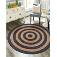 thumbnail image 1 of 8 Ft Round Navy Blue & Natural Jute Area Rug, Hand-Woven, Reversible, Farmhouse Boho Style, Durable & Pet-Friendly Rug for Living Room, Dining Room, and Bedroom, 1 of 5
