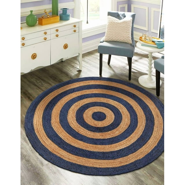 10 Ft Round Navy Blue & Natural Jute Area Rug, Hand-Woven, Reversible, Farmhouse Boho Style, Durable & Pet-Friendly Rug for Living Room, Dining Room, and Bedroom