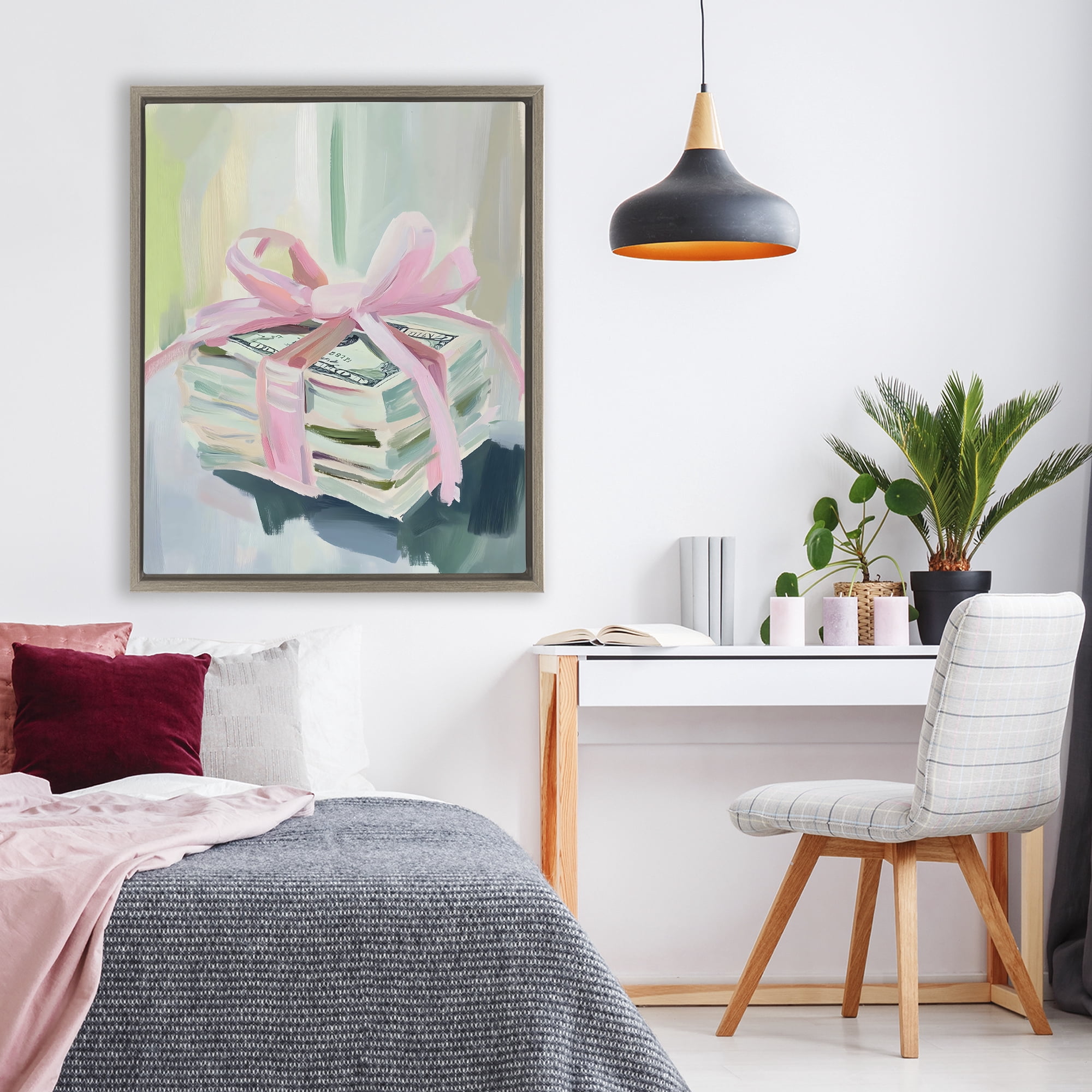 Stupell Industries Pink Bow Cash Bundle Brown Framed Floater Canvas Wall Art, design by The Prints Vibe