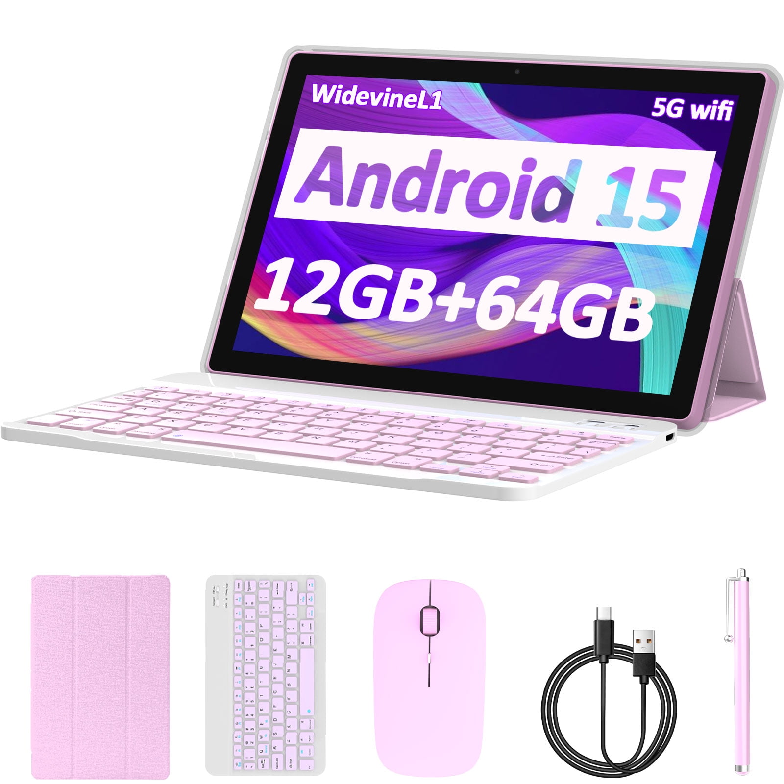 Android 15 Tablet, 10 inch 12GB RAM+64GB ROM Tablet, 2 in 1 Tablets with Keyboard Case Mouse Stylus, 1.8GHz Quad-core Processor, 1280*800 HD Touch Screen, 8MP Camera, 2.4G/5G Wi-Fi6, BT 5.0 Tablet PC