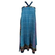 Mogul Womens Wrap Around Skirt Blue Print 2 Layer Reversible Beach Cover Up Dress