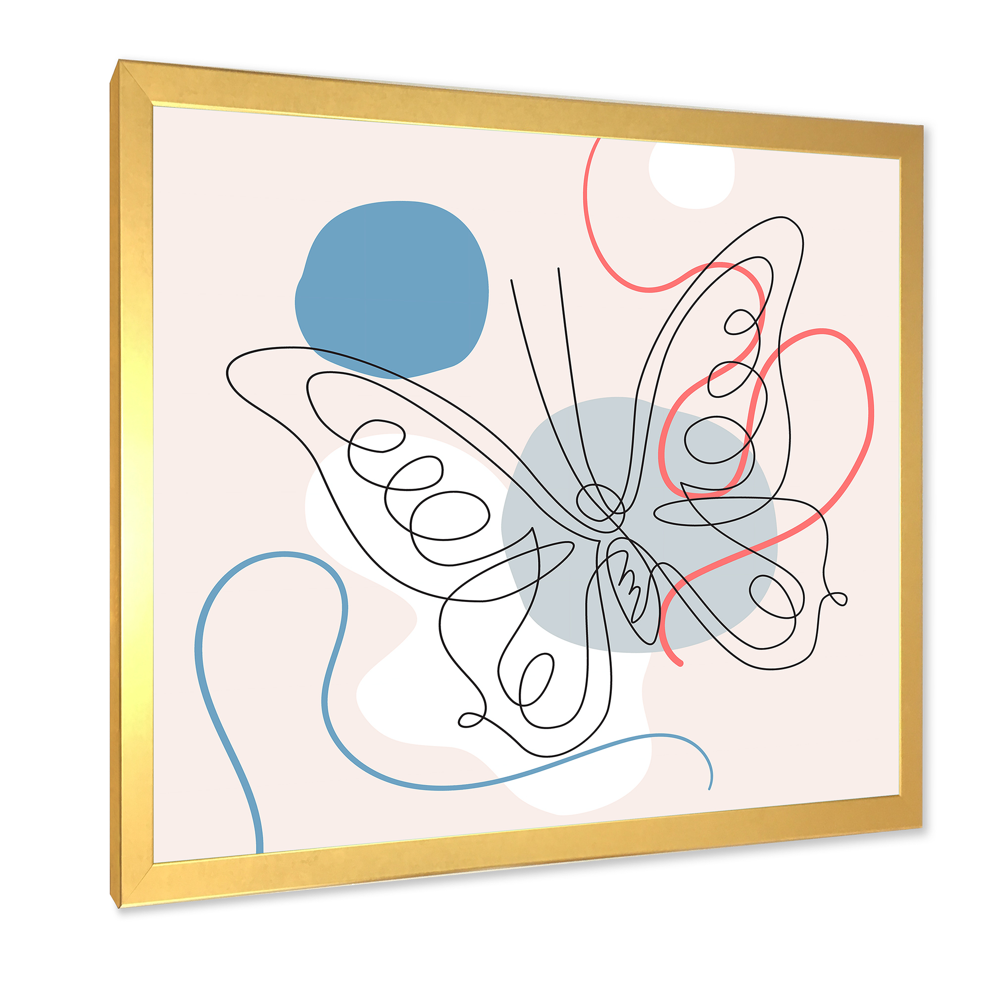 Designart 'One Line Butterfly Drawing On Cubism Shapes III' Modern Framed Art Print