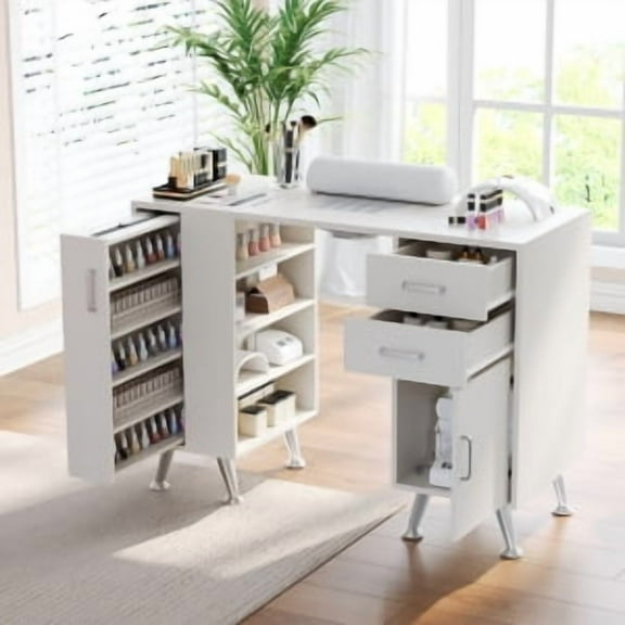 Ataucjin Manicure Table with Drawers and Storage Cabinet, 42.5 Inch Nail Desk with Wrist Rest and Dust Collector, Nail Station with 4-Tiers Open Shelves and Vertical Pull-Out Locker