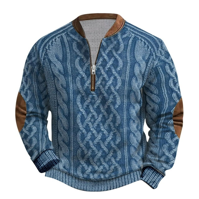 Penkiiy Chandails Western pour Hommes à Motif, Chandail à Quart de Glissière pour Hommes, Chandails d'Automne 2024, 3TG, Bleu