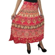 Mogul Women's Wrap Around Skirt Red Printed Beach Sarong Dress