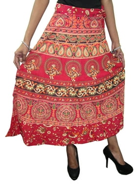 Mogul Women's Wrap Around Skirt Red Printed Beach Sarong Dress