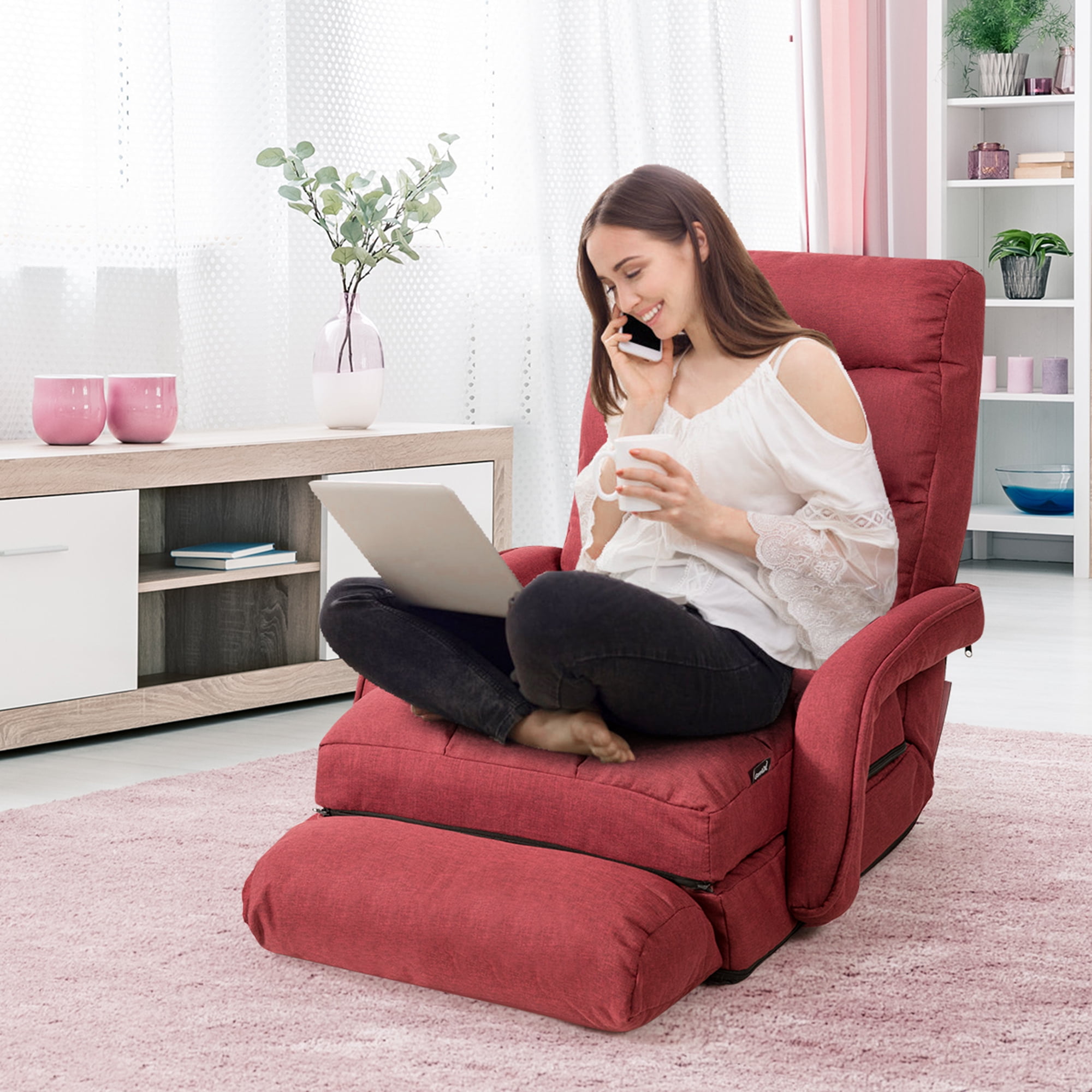 Costway Folding Floor Single Sofa Recliner Chair W a Pillow 5 Adjustable Backrest Position Leisure Lounge Couch Red