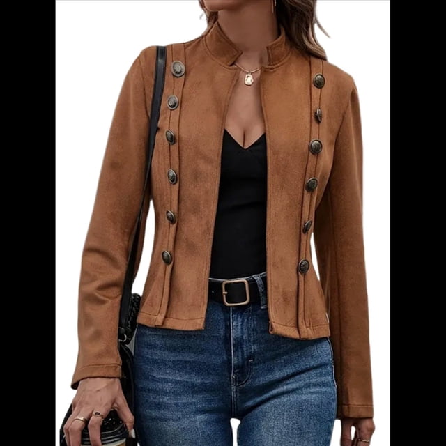 Chaqueta de Gamuza Sintética para Mujer, Informal, de Otoño, de Larga, Cuello Alto, con Abertura Frontal, Blazer Corto, Abrigo. Marrón Oscuro XL