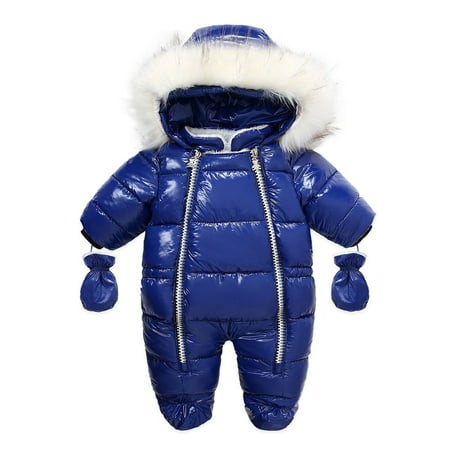 

Yinyinxull Winter Newborn Baby Boys Girls Clothes Pu Leather Snow Wear Warm Jumpsuit with Foot Covers Gloves Blue 6-9 Months