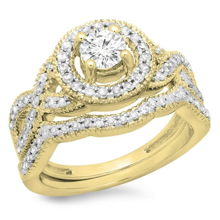 1.00 Carat (ctw) 18K Yellow Gold Round Cut Diamond Ladies Swirl Bridal Halo Engagement Ring With Matching Band Set 1 CT