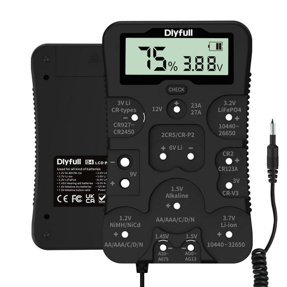 Dlyfull Battery Tester, LCD Display Universal Battery Checker for Ni-MH, Ni-CD, Li-ion, Alk & LiFe04 Batteries(AA AAA C D 9V 12V 18650 CR123A 2CR5 CR2032 Cells), 2X AAA Batteries Inclu