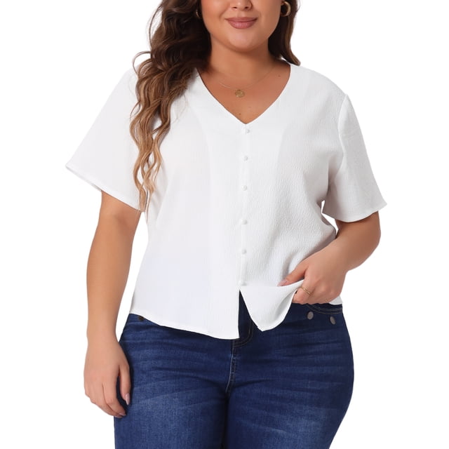 Camisa casual de verano de mujer plus size de Agnes Orinda, con cuello en V, manga corta y botones, talla 2X, color blanco