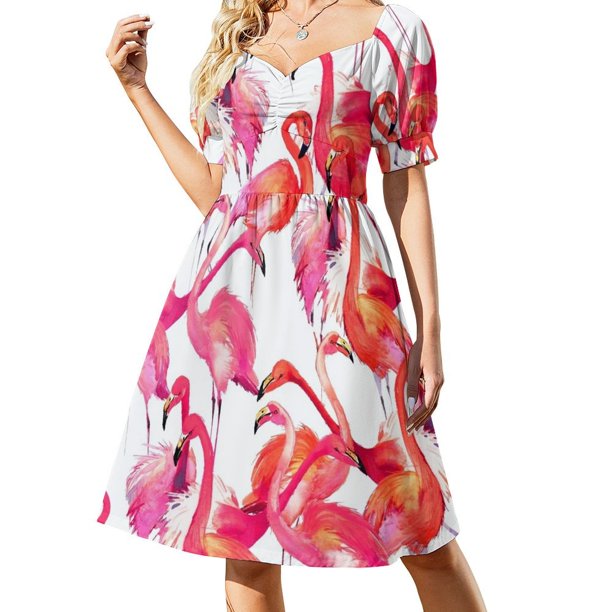 Vestido de manga corta con flamencos, elegante vestido de verano para mujer, bonito vestido de fiesta.