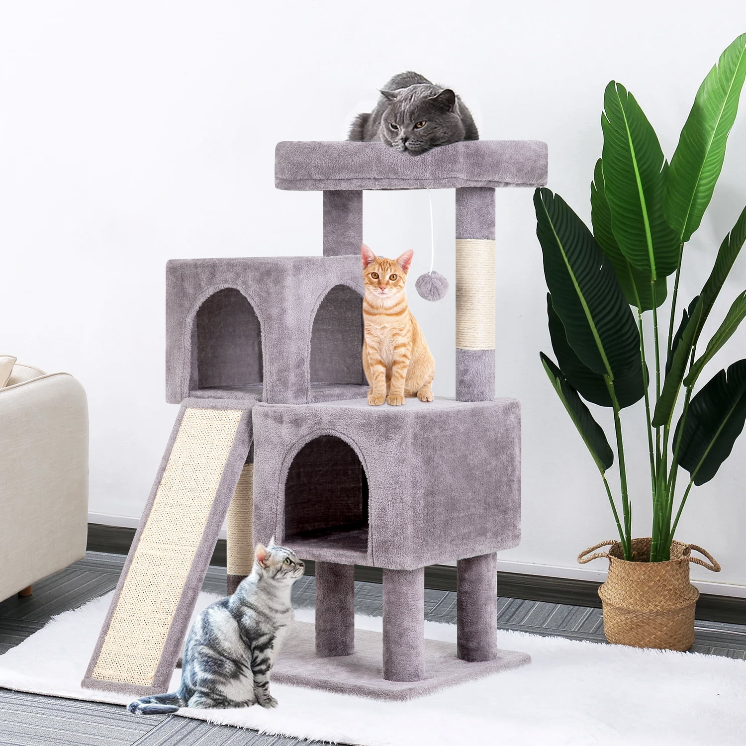 BestPet 36" Cat Tree, Multi-Level Condo, Scratch Posts, Ramp, Cave & Toys. Ideal for Indoor Cats, Ash Grey