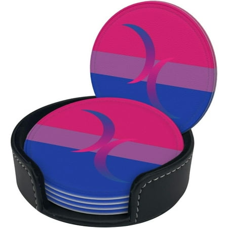 

Bisexual Moons Pride Flag LGBTQ Premium Leather Coasters - Set of 6 with Holder | Stylish Drink Coasters for Kitchen Coffee and Home Decor