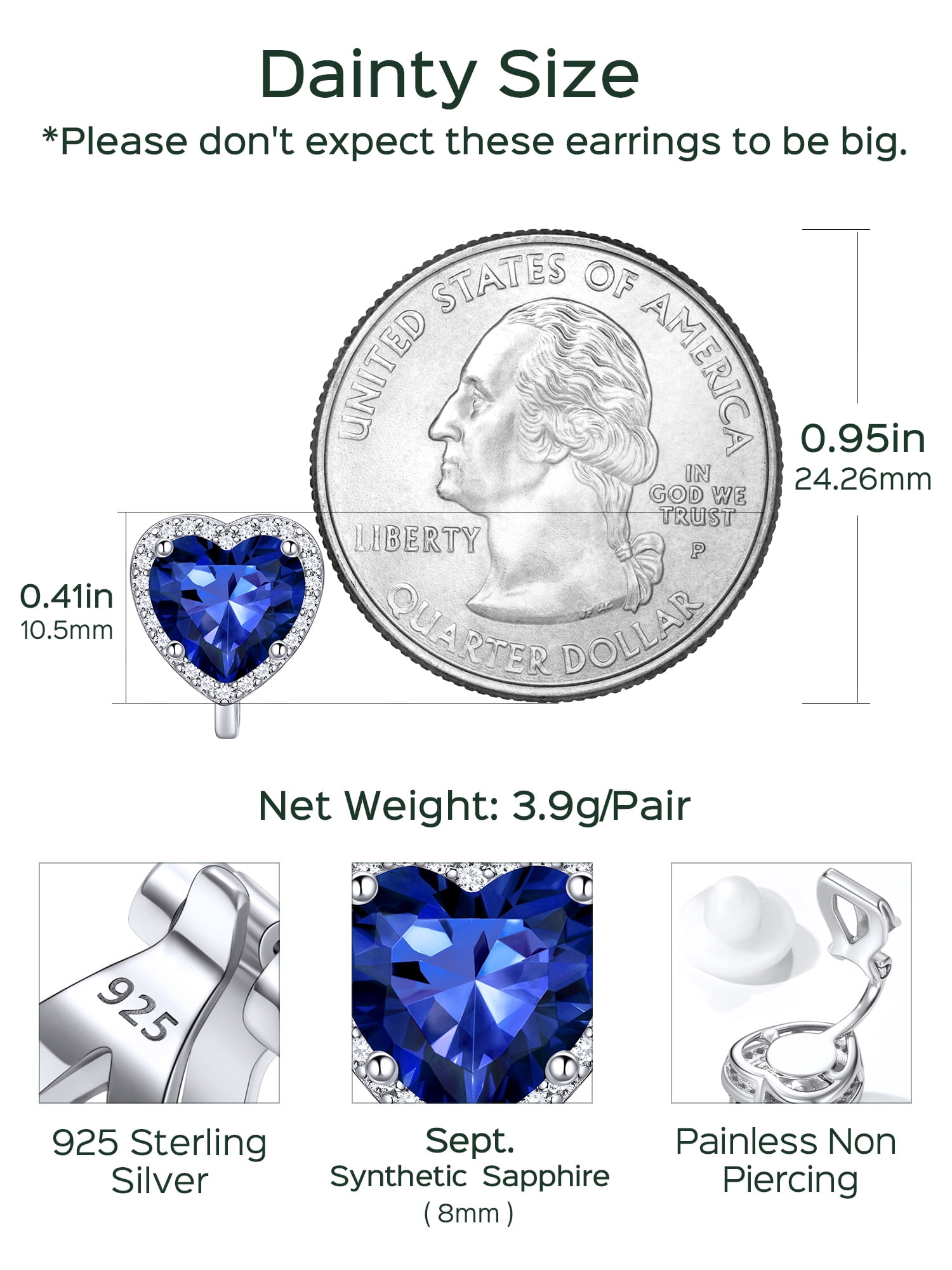 ChicSilver 925 Sterling Silver Non-Pierced Stud Earrings September Birthstone Clip-on Earrings for Women
