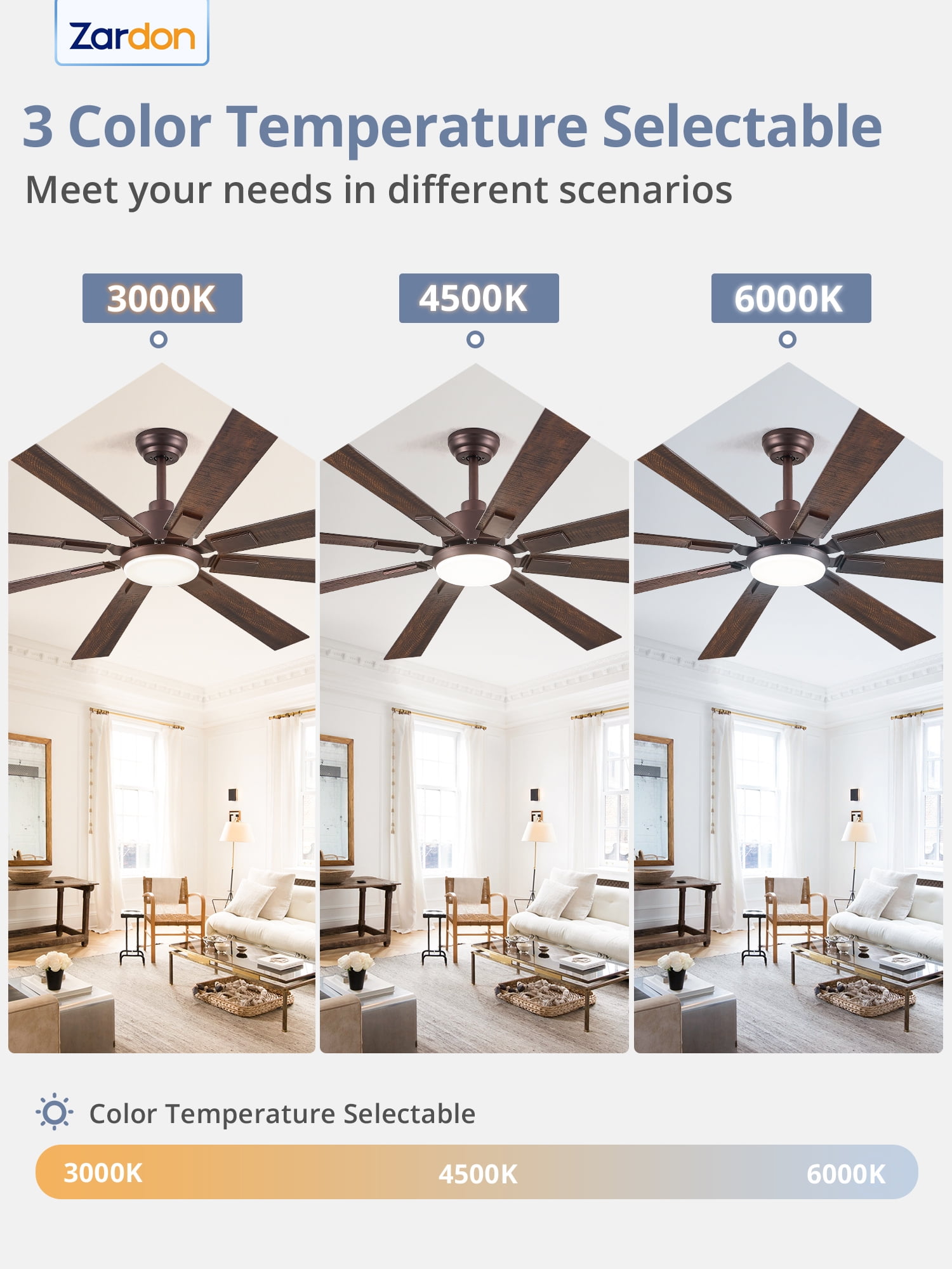 Zardon 72 inch Modern Ceiling Fan with Light and Remote Control, Large Ceiling Fan with Quiet DC Motor, 6 Speeds, 8 Reversible Blades for Indoor Outdoor Space- Oil Bronze