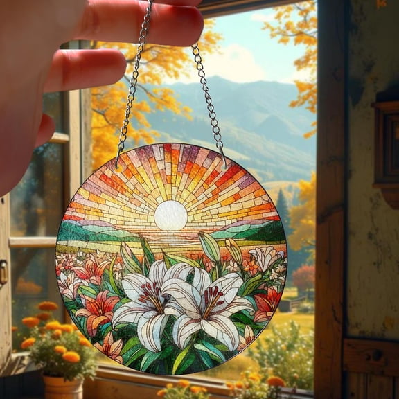 Landscape Stained Glass Window Hanging Colorful Flower Field Suncatcher, Nature Wall Art, Countryside Home Decor Gift, Christmas Decor Gifts