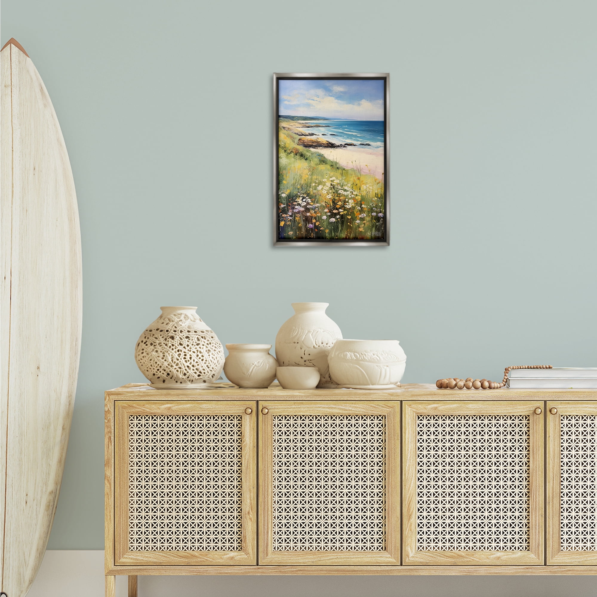 Stupell Industries Meadow Beside Beach Landscape Painting Gray Floater Framed Canvas Art Print Wall Art, 17 x 25