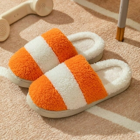 

CoCopeanut Women Fur Flip Flops Striped Women Slipper Cute Cartoon Slides Warm Plush Couple Home Shoes Indoor Winter Men Fluffy Flip Flops