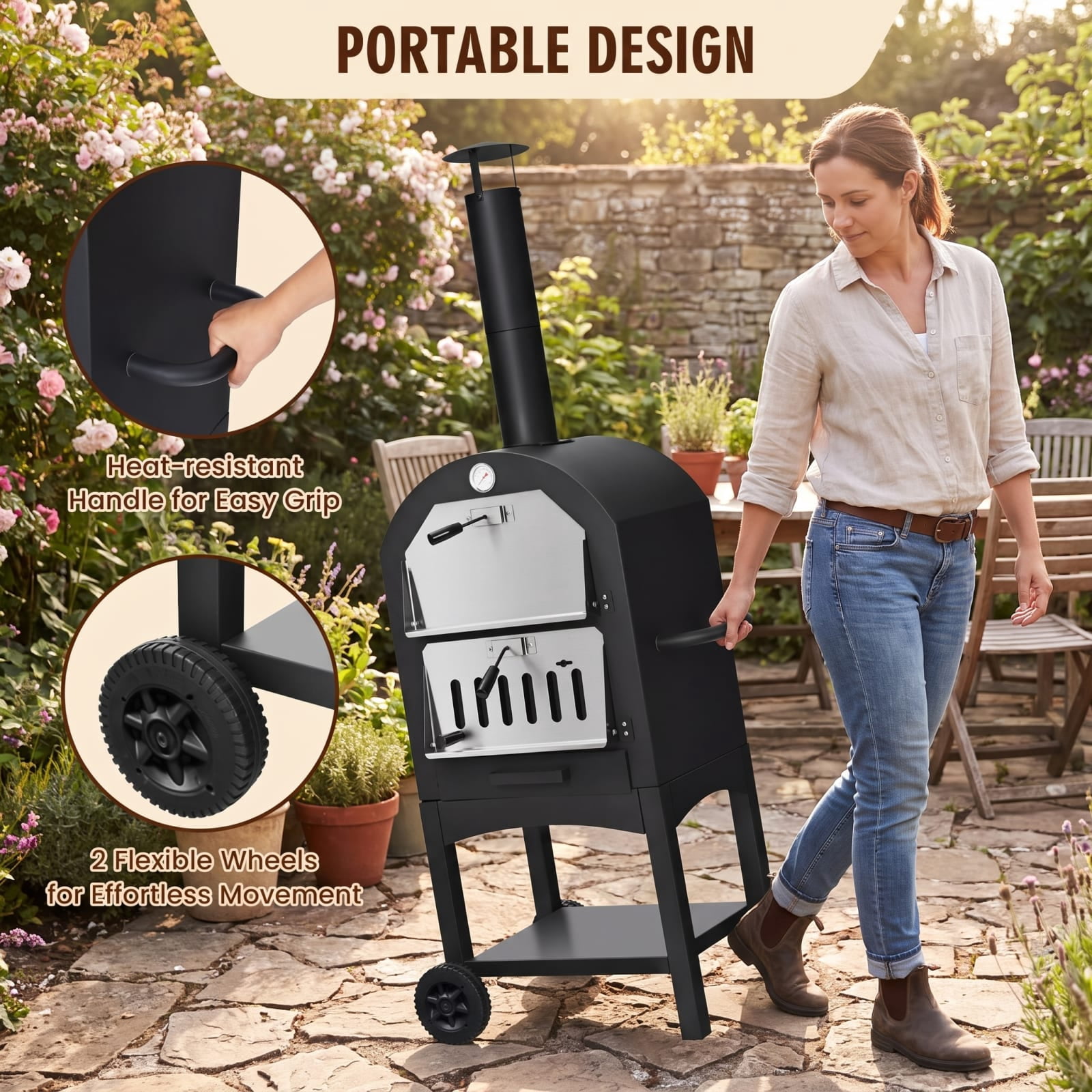 Biotree Portable Outdoor Pizza Oven with Pizza Stone and Waterproof Cover for Backyard Cooking, Black