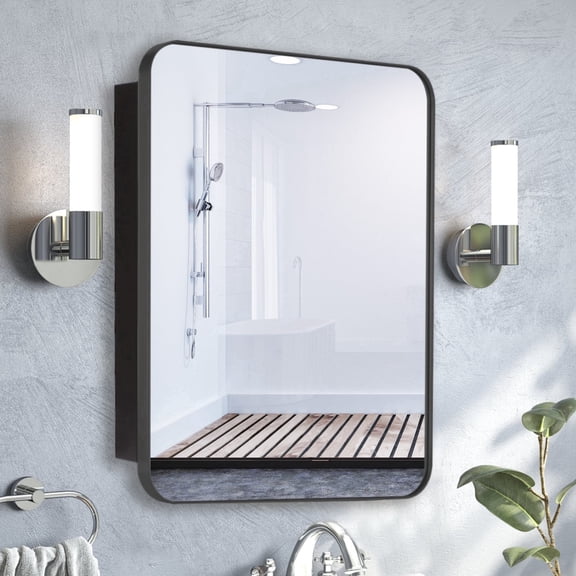 FUMANGO 16’’x26’’ Medicine Cabinet,Metal Framed Medicine Cabinet Mirror with Round Corner,Recessed and Surface Mount Bathroom Mirror with Storage, Removeable Shelves,Dark Gray Frame