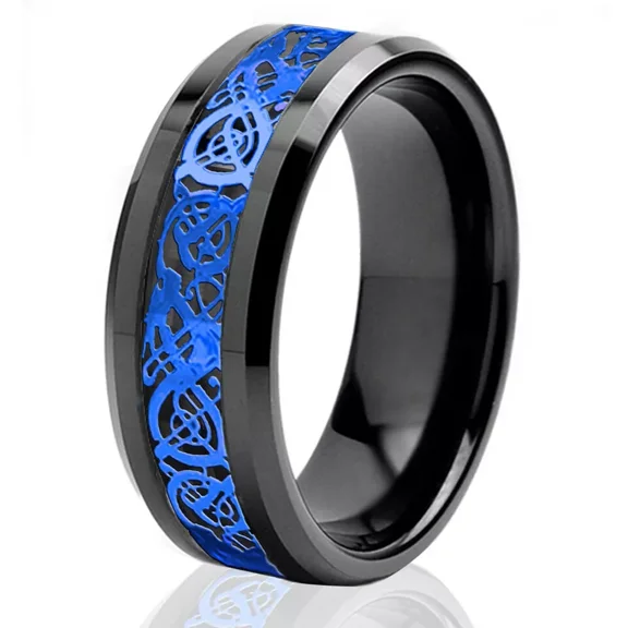 Men's 8mm Beveled Edge Comfort-Fit Celtic Dragon Tungsten Wedding Band