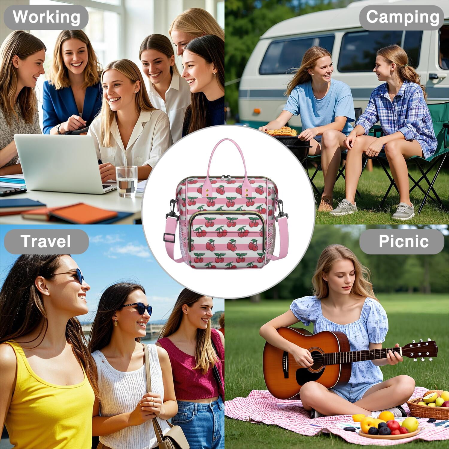 Cherry Print Reusable Lunch Tote Waterproof Leakproof Large Lunch Box Dual Insulated with Adjustable Strap & Multi pockets Perfect for Office & Outdoor Use