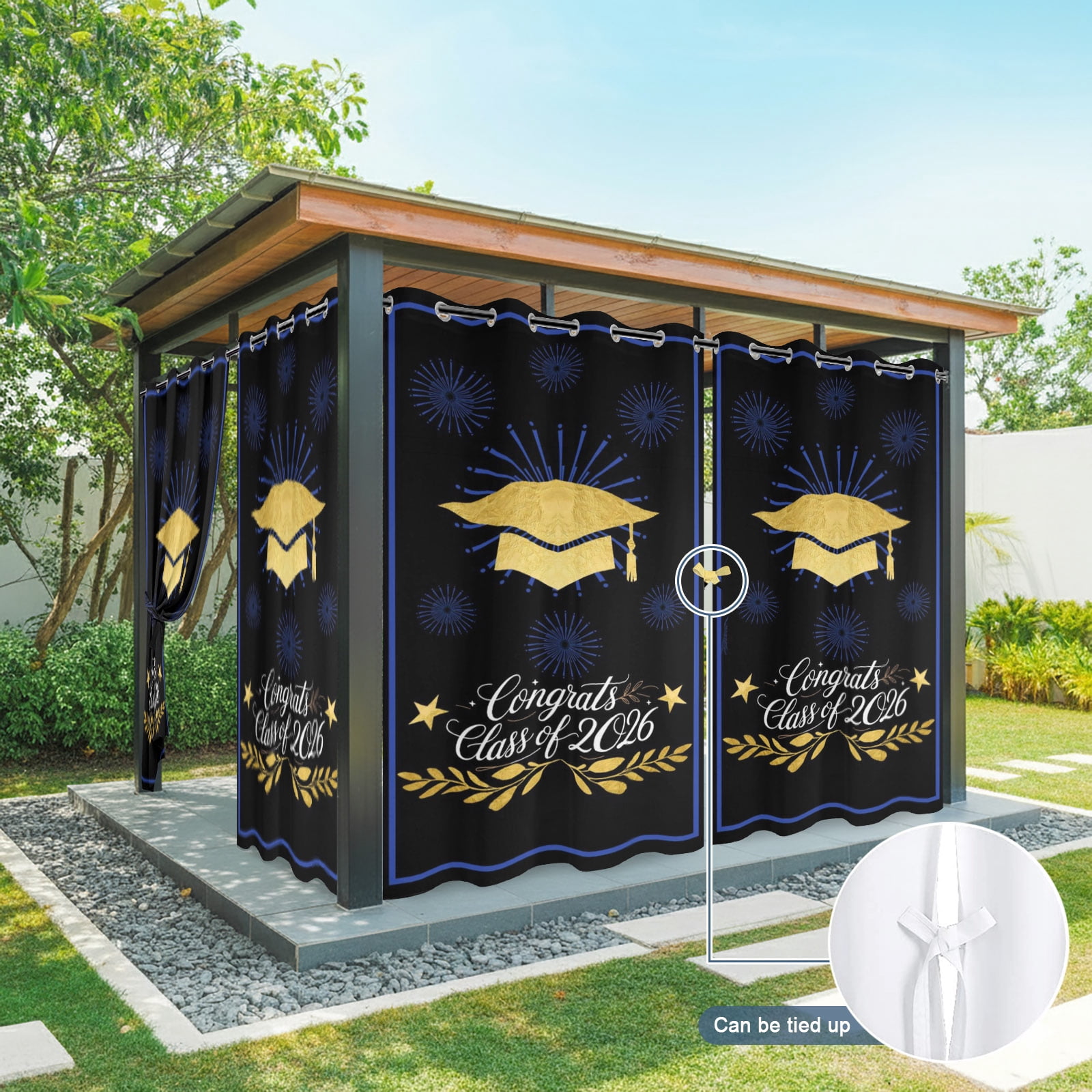 Gold Gingham Outdoor Curtains for Patio, Class of 2026 Fireworks Academic Graduation Black Sunshade Privacy Drapes Grommet Waterproof Outside Curtains for Porch/Cabana/Balcony 54"x 108", 1 Panel
