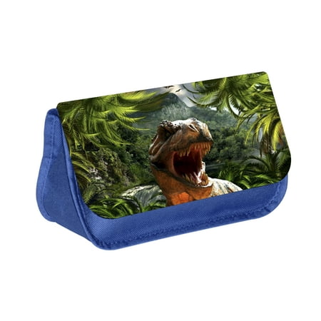 - T-Rex Dinosaur - Boys Blue Pencil Case with 2 Zippered Pockets and Velcro Closure