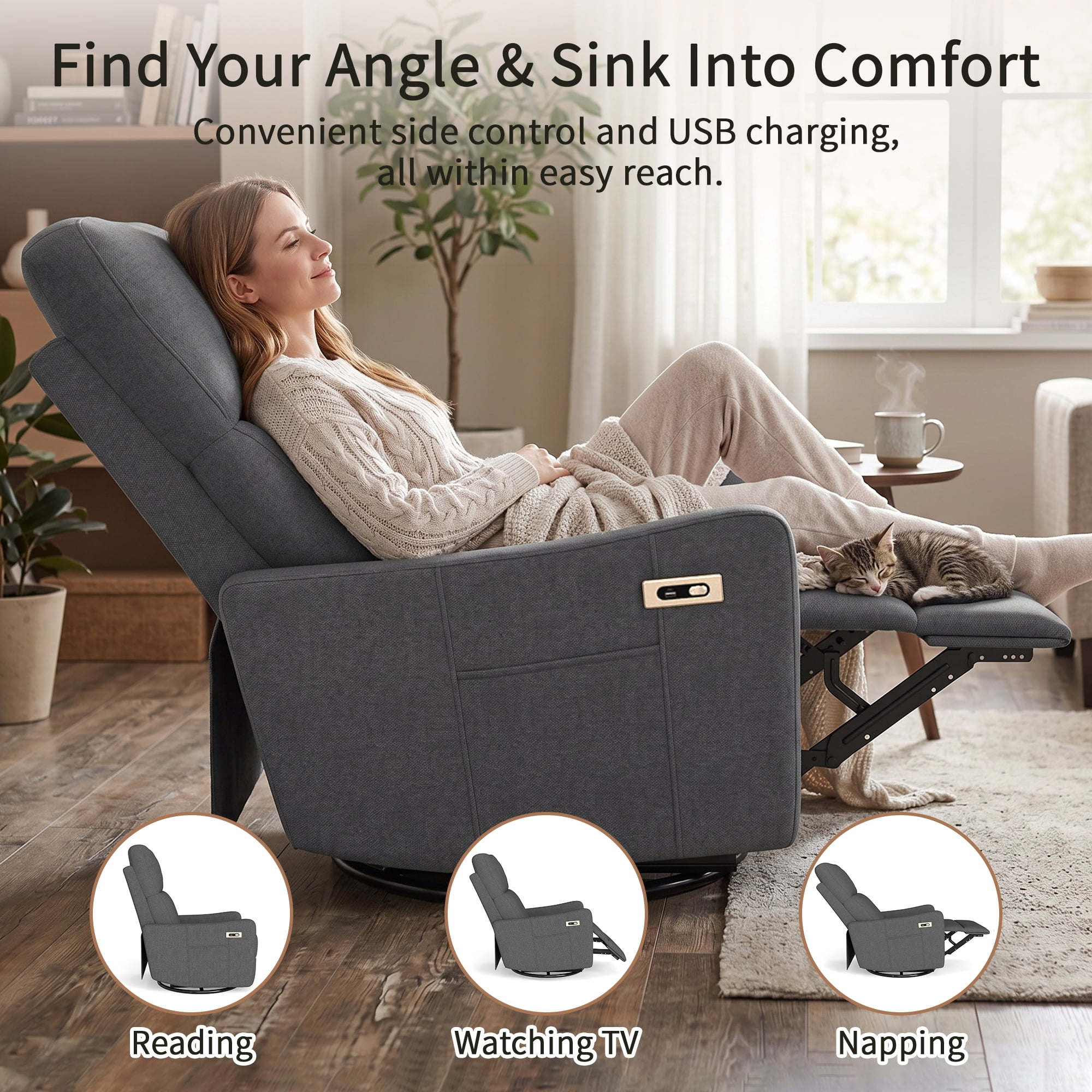 Leumius Swivel Recliner Chair,270° Swivel Rocker Chair for Adults,Small Rocking Recliner for Small Spaces, Upholstered Fabric Glider Recliner Nursery,Living Room Chair,Theater SeatingDark Gray
