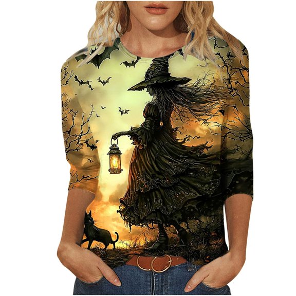 Yuncity Halloween Shirts For Women 3/4 Sleeve Witch Graphic Tees Summer Fall Crew Neck Casual Stylish Outdoor Athletic Tshirts Size L Light Yellow