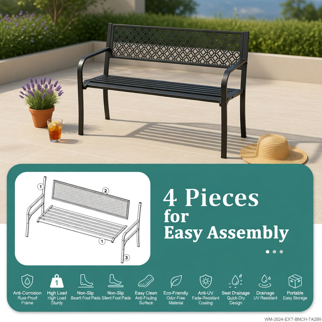 Hommoo 50" Modern Metal Garden Bench with Geometric Lattice Backrest, Slatted Seat & Anti-Slip Feet, Outdoor Patio Bench for Porch, Backyard, and Deck, Black