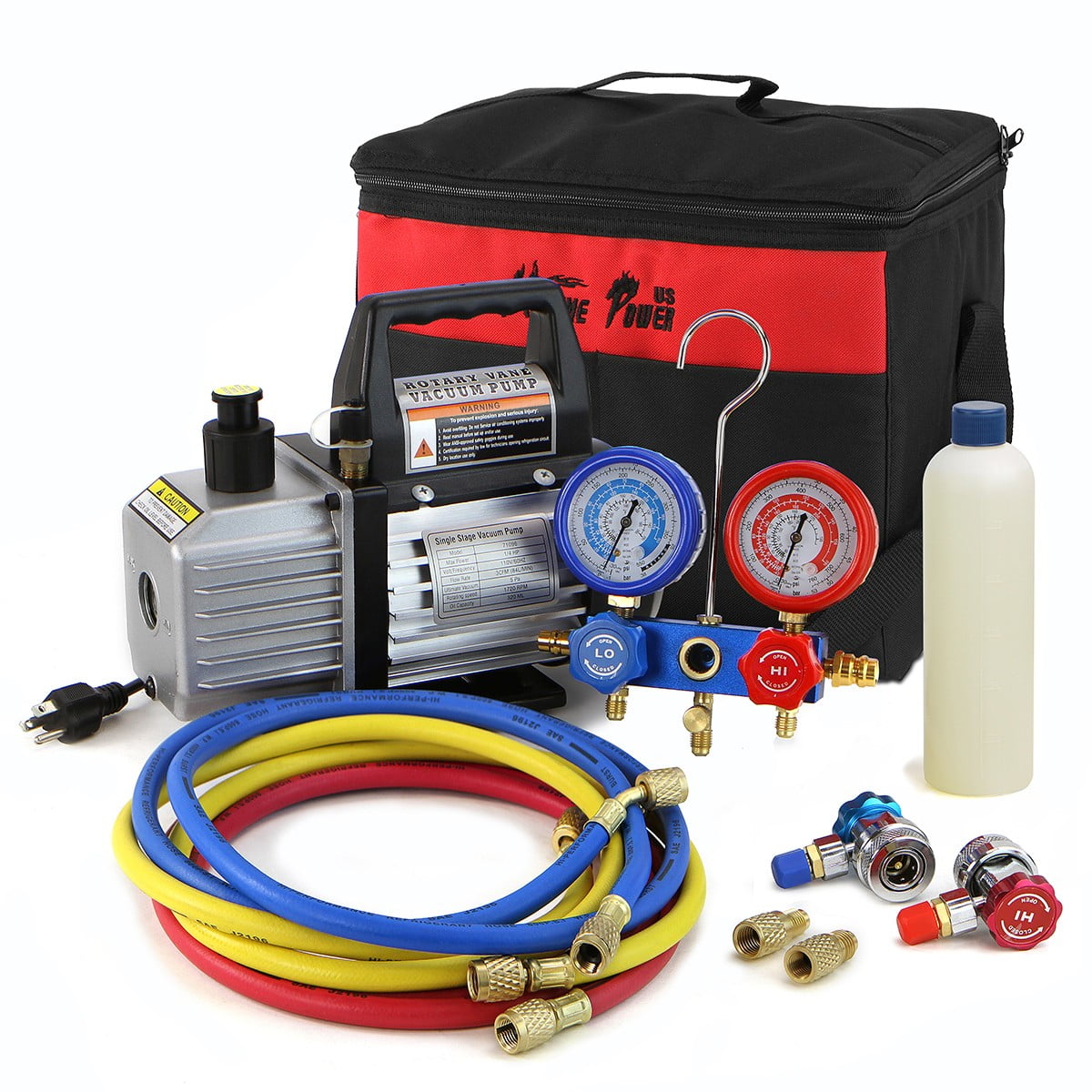 3CFM 1/4HP Rotary Vane Vacuum Pump HVAC Refrigeration Kit AC Manifold Gauge Set 