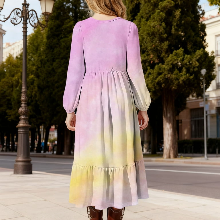 casual tie dye maxi dress Cethrio Girls Casual Dresses, Crew Neck Party Long Sleeve Tie Dye Maxi Dresses with Pockets Yellow Size 6, Girl's, Size: 6-7T