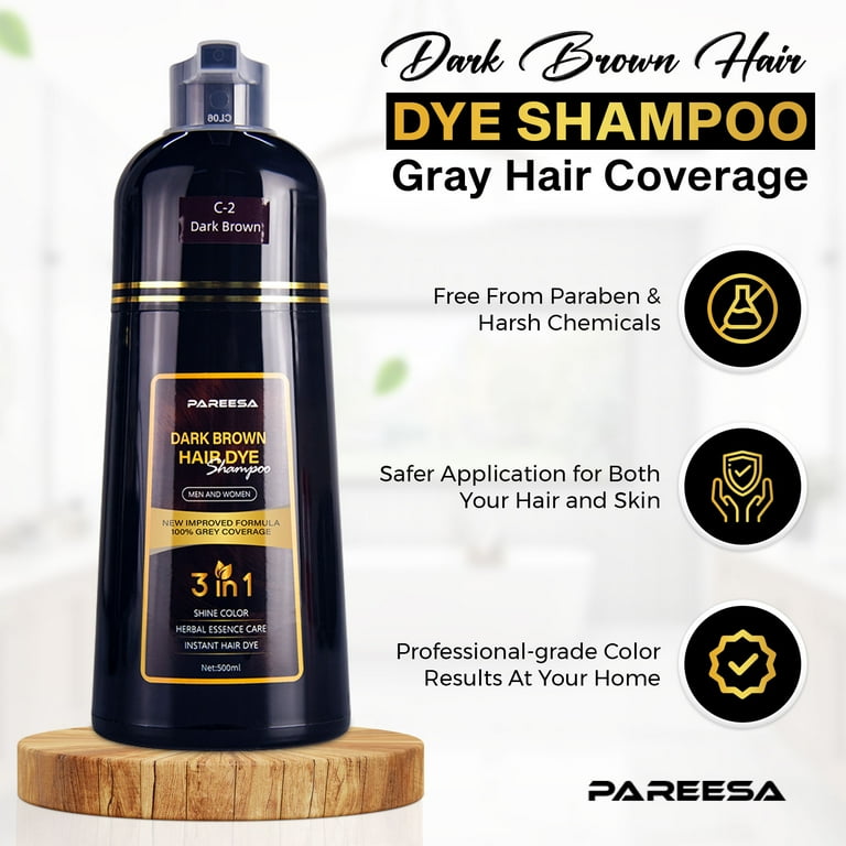 PAREESA Dark Brown Hair Dye Shampoo, 3 in 1 Hair Color Solution