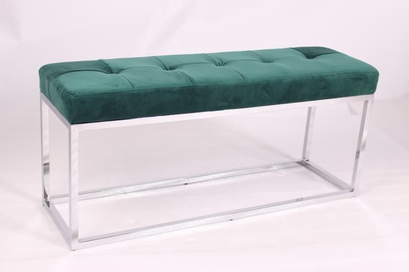 Green Velvet Upholstered bench with stainless stain base.