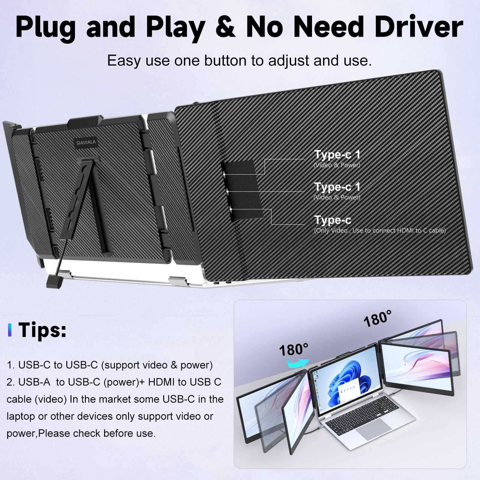 Laptop Screen Extender, 14" FHD 1080P IPS Triple Portable Monitor for 13''-17" Laptops, Built-in Speakers & Adjustable Stand, HDMI/USB-A/USB-C for Mac/Windows/Chrome/ Switch, Plug and Play