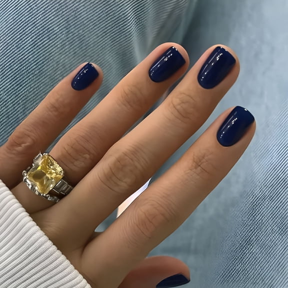 RAGUPEL Dark Blue Press on Nails Extra Short Fake Nails Glossy False Nails with Designs Petite Acrylic Artificial Nails Reusable Stick on Nails for Women Girls