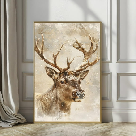 Rustic Reindeer Print, Whimsical Deer Christmas Vintage Wall Art, Rustic Christmas Printable, Xmas Painting, 16x24 UNFRAMED
