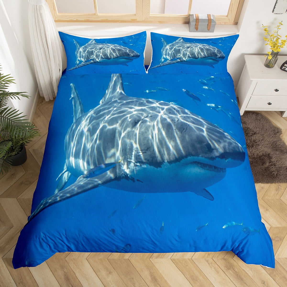 YST Shark Comforter Cover Full 3Pcs, Underwater World Sealife Duvet