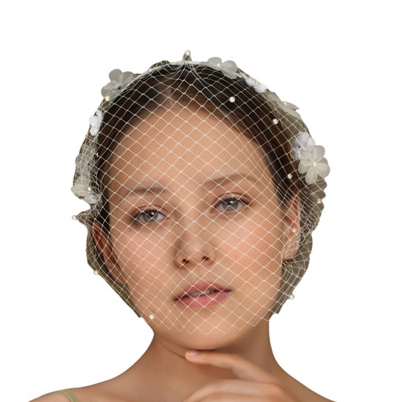 Mesh Bridal Veil With Flower Pearls Studded And Elastic Band For Wedding Ceremony Photography Dressingup Accessories