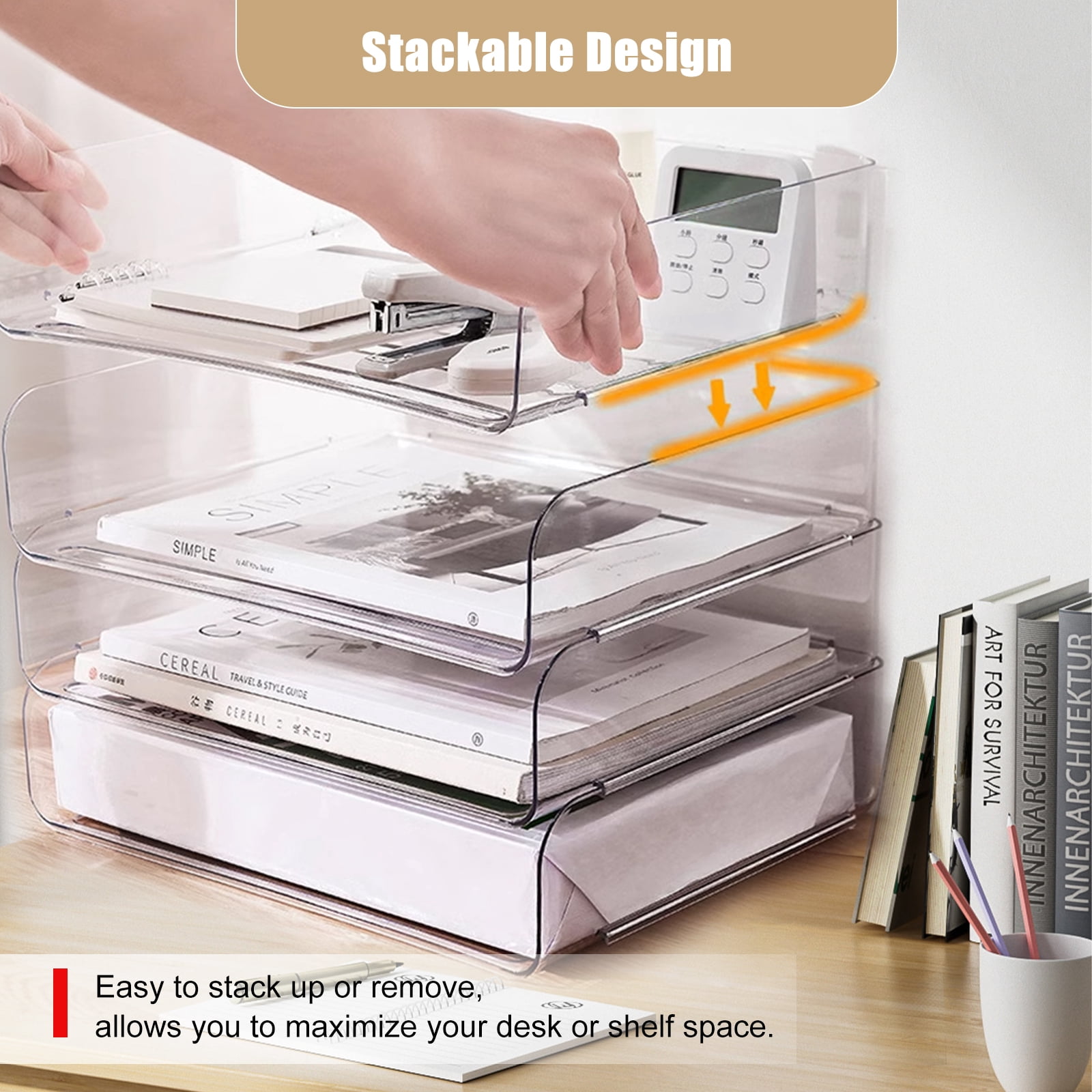 Clear Stackable Paper Trays 4 Pack, Desktop Racks with 4 File Bags, PET Clear Desk Letter Tray Set, Stackable Desk Organizer for Books, Magazines, Folders, A4 Size File Paper, Notes, Pens -Clear