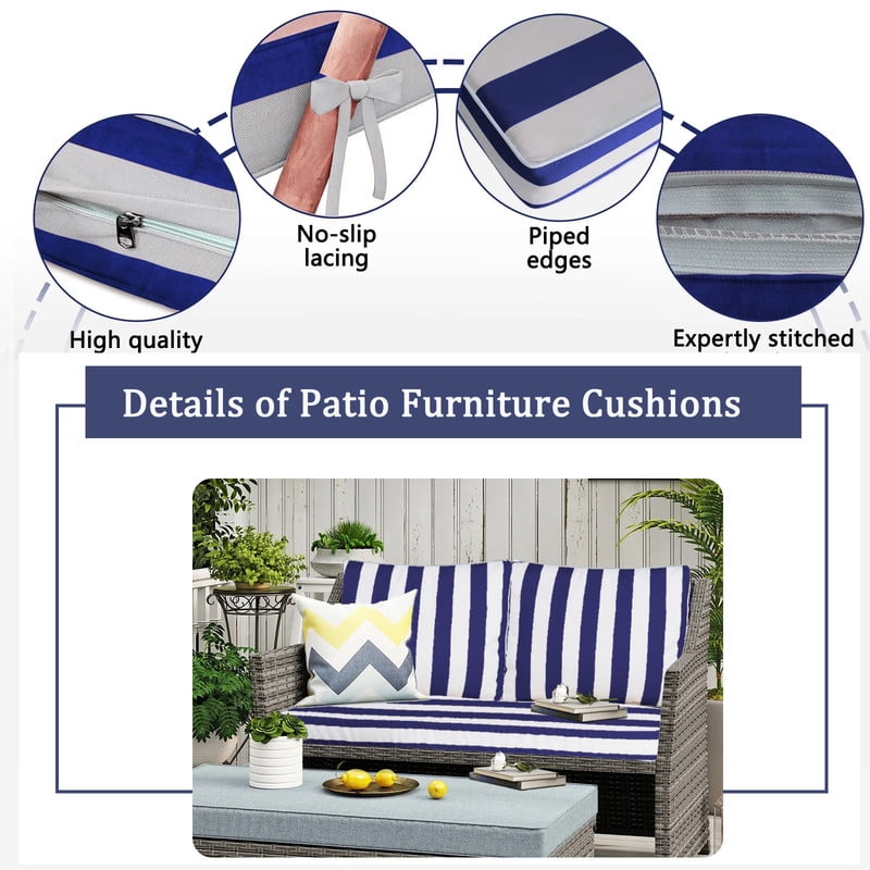 Outdoor Loveseat Cushion Set, Water Resistant chair cushion for patio furniture 48 x 24 inch, Outdoor Sofa replacement Cushions with Ties, Deep Seat Cushions（Blue and white）